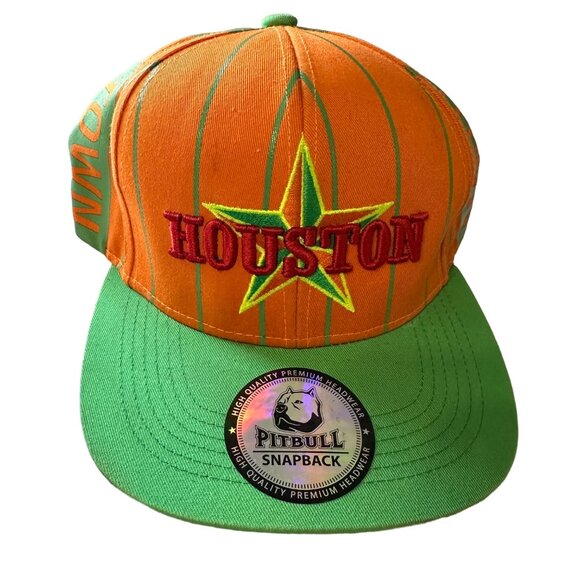 Pitbull Houston One Size Fits Most snap back orange green trucker hat flaw - Picture 1 of 11
